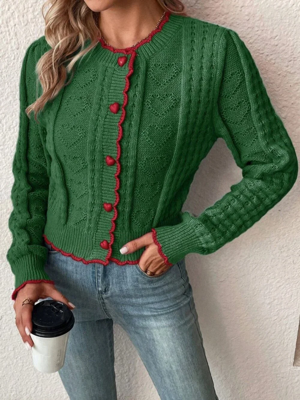 Green Casual Women's Contrast Trim Front Button Long Sleeve Cardigan
